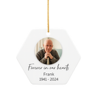 Memorial ornament with a photo of a man and text 'Forever in our hearts Frank 1941-2024' on a white background.