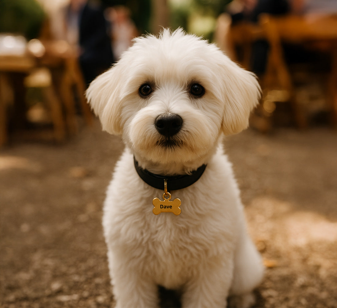 cute white Dog with a dog Tag gold metal with laser etch finish