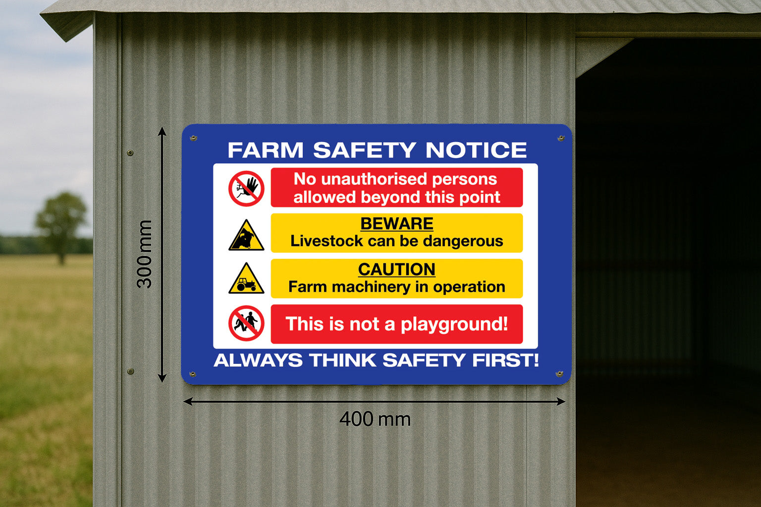 Farm safety notice sign on a metal shed with field background