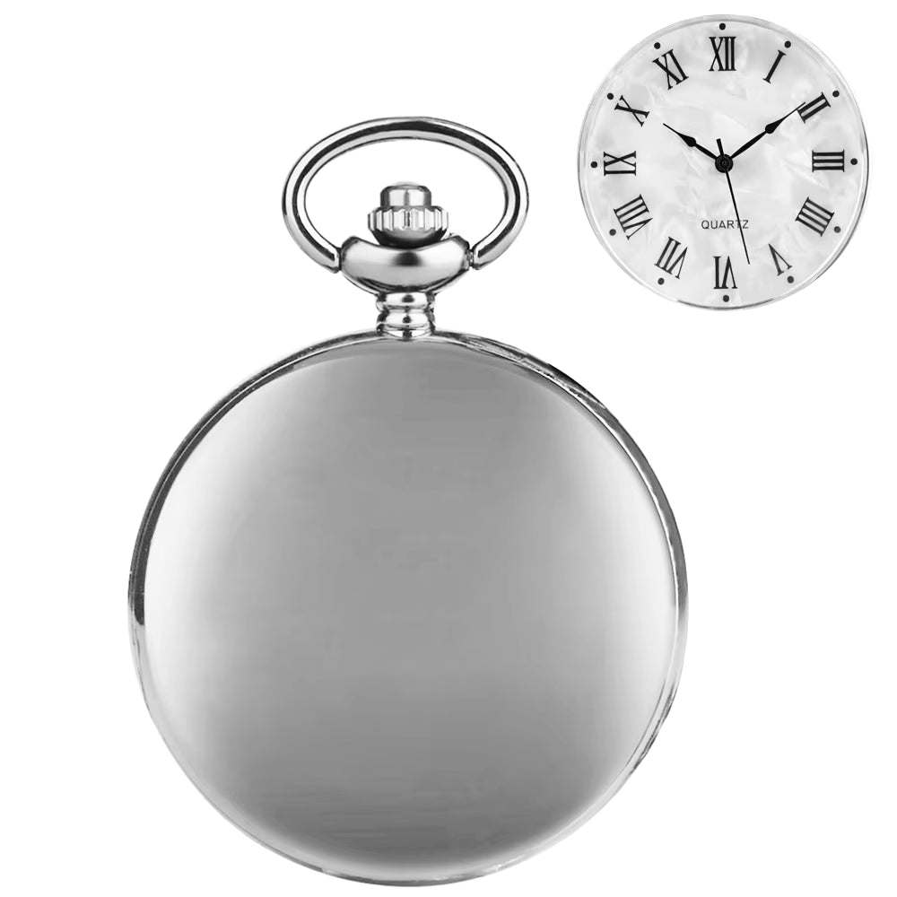 Silver pocket watch with a white face displaying Roman numerals on a white background