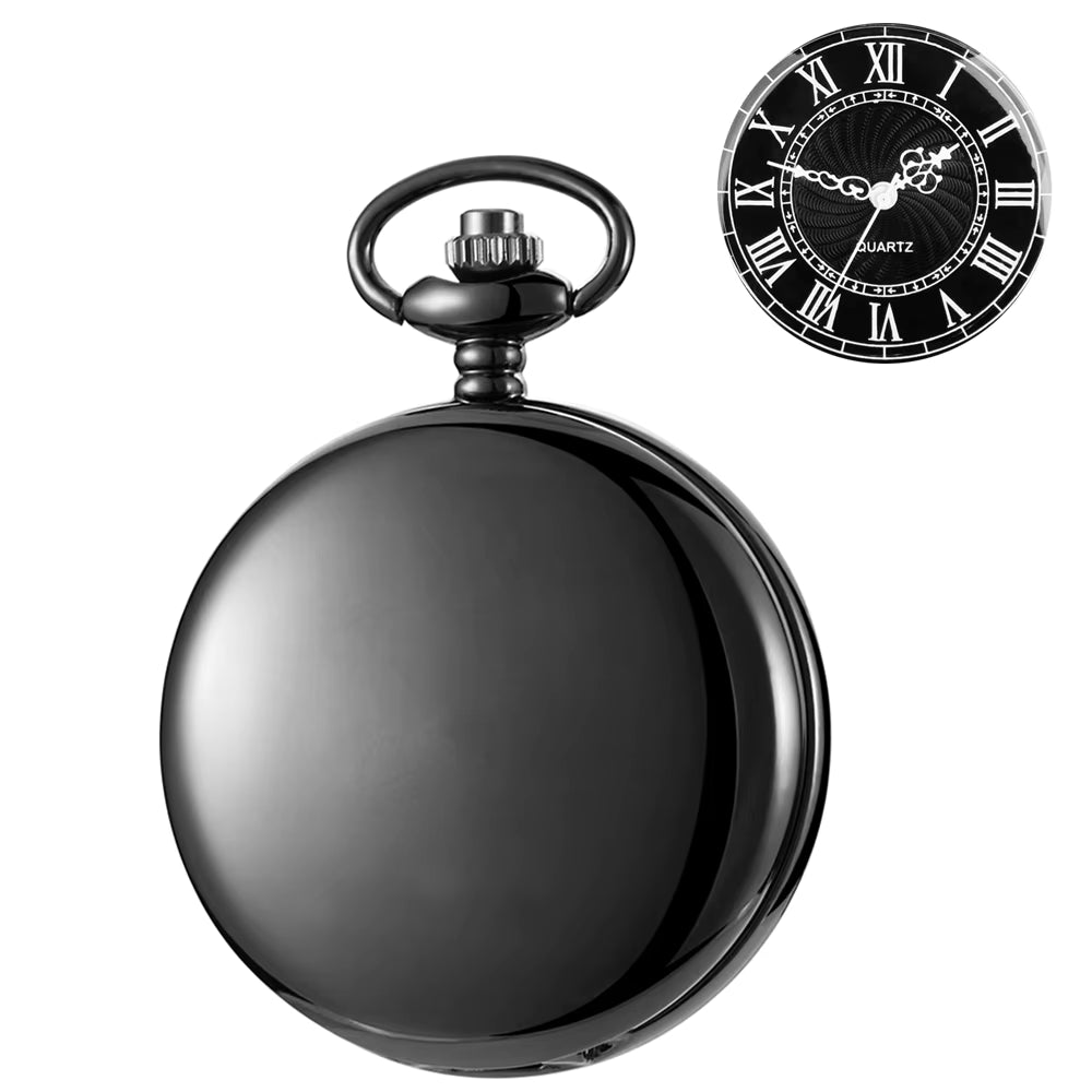 Black pocket watch with detailed face on a white background
