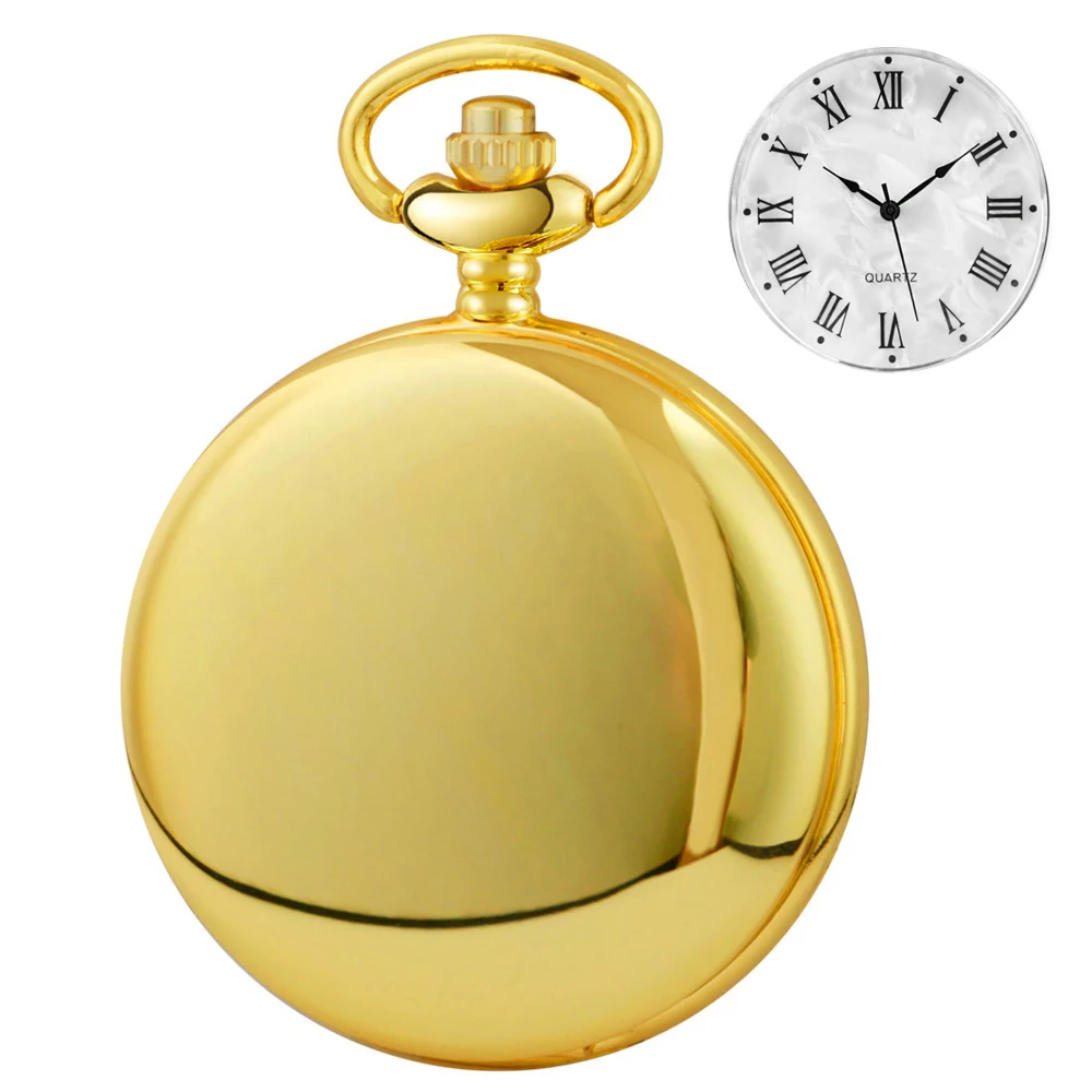 Gold pocket watch with a close-up of the clock face on a white background