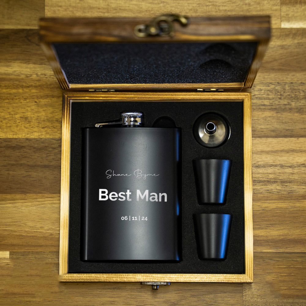 Black Metal Hip Flask | wooden Giftbox | Personalised