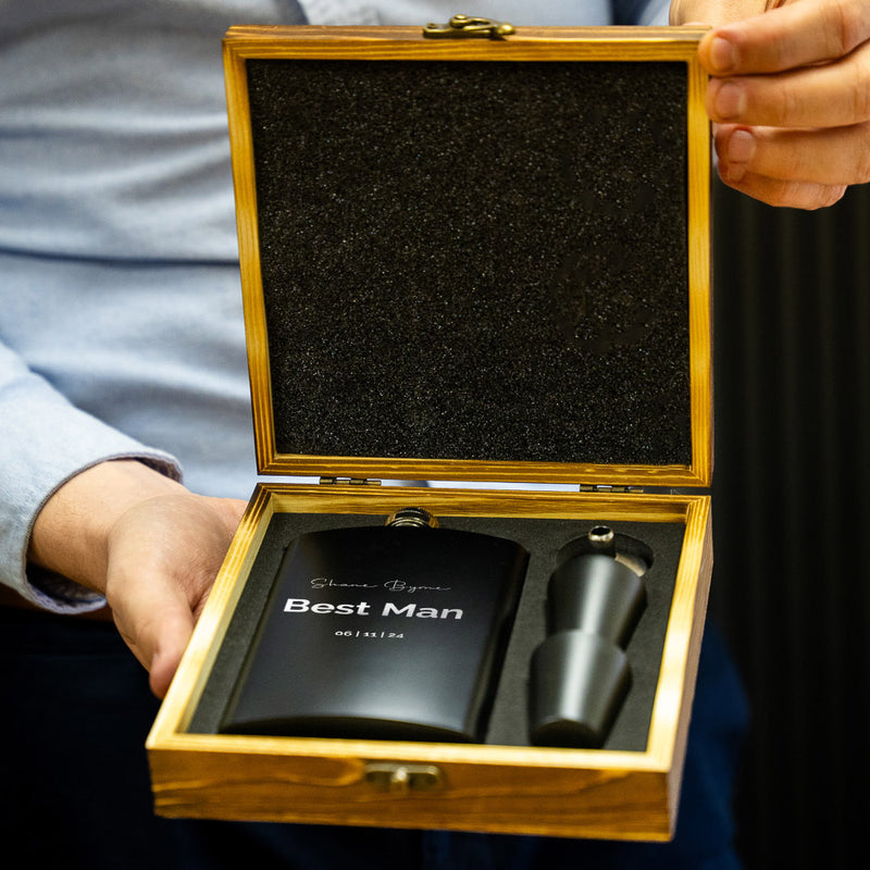 Black Metal Hip Flask | wooden Giftbox | Personalised