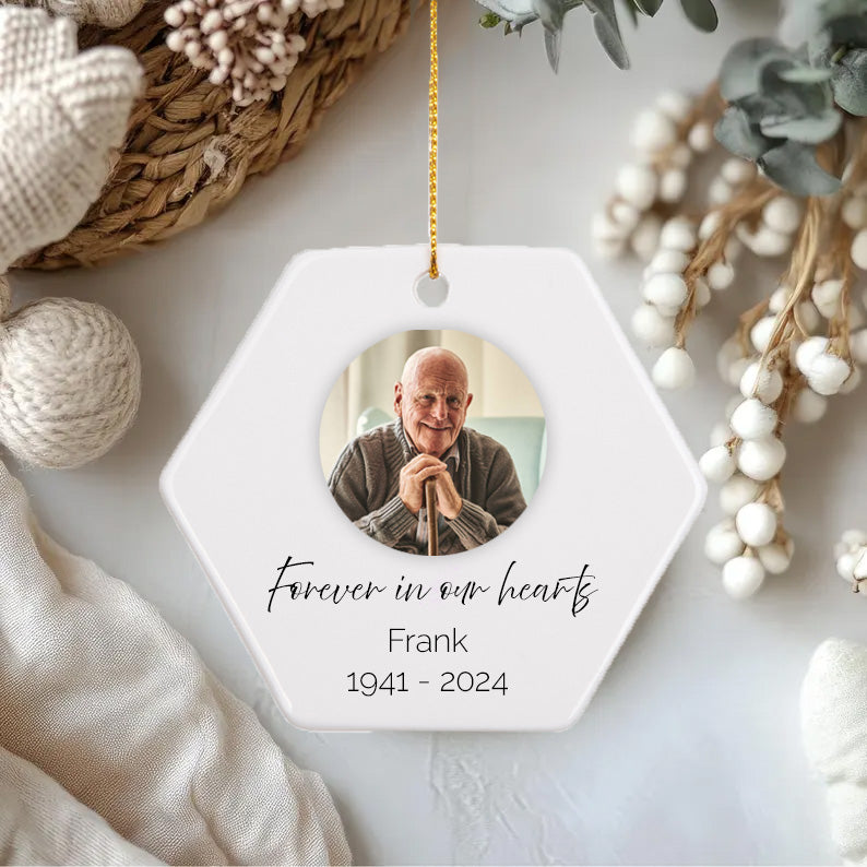 Hexagon-shaped memorial ceramic hanging decoration designed by GetPersonalised.ie in Athlone, Ireland, featuring customizable text with festive holly accents, perfect for adding a personal touch 