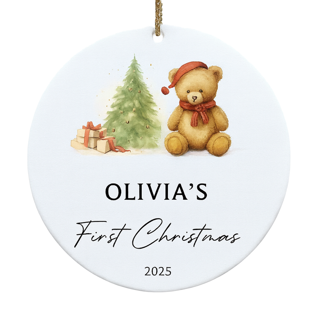 Decorative Christmas ornament with a teddy bear, tree, and presents, featuring 'Olivia's First Christmas 2025'.