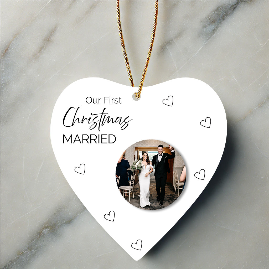 First Christmas Married Decoration | 3.5'' White Ceramic Heart | Gold string